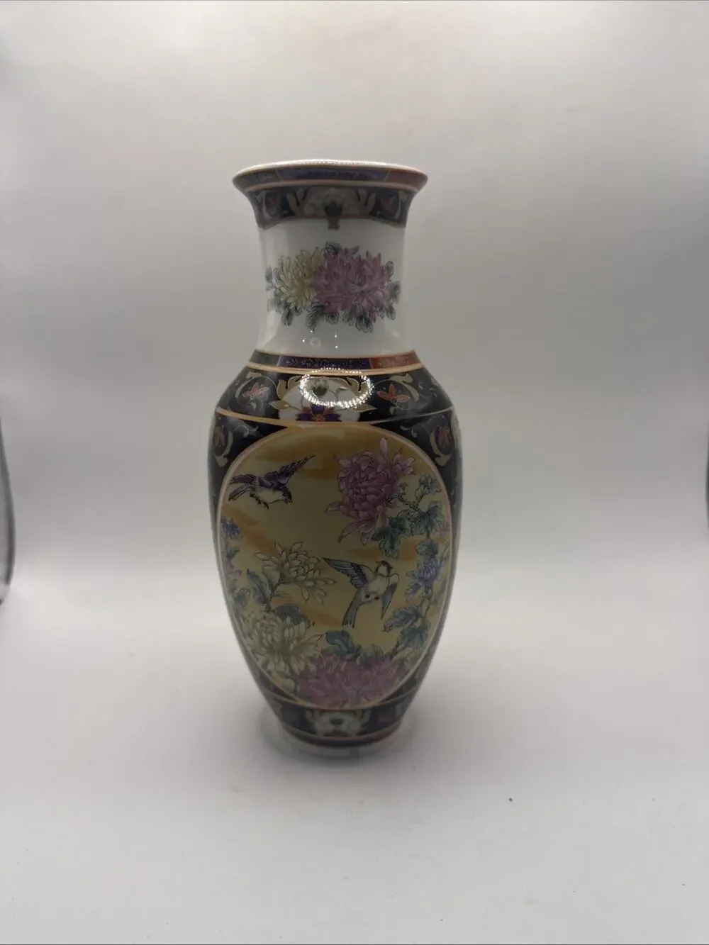 Vintage Asian Porcelain Vase 8” Floral Bird Chrysanthemum Gold Accent Decor *